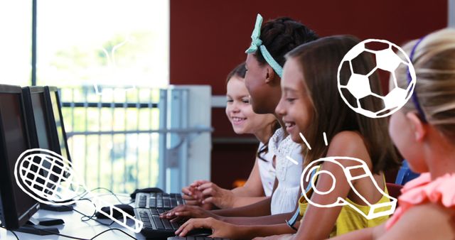 Children using computers in classroom, smiling and engaging with sports-related doodles on screen. Highlights use of technology in education and creativity. Ideal for educational content, technology and learning promotions, and child development resources.