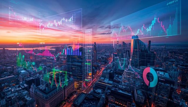 Futuristic Holographic Financial Data Over Urban Skyline at Sunset
