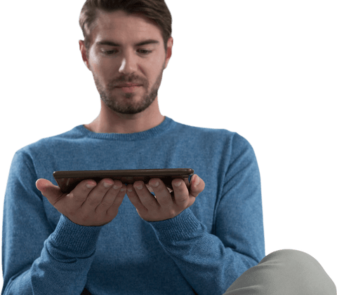 transparent man in blue sweater holding digital tablet - Download Free Stock Videos Pikwizard.com