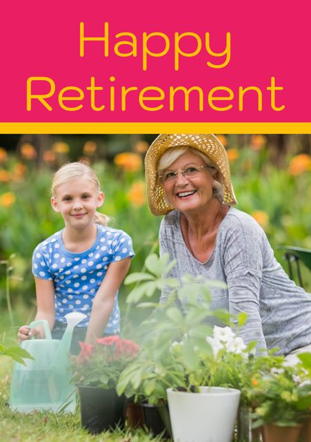 Image shows a happy grandmother and granddaughter bonding through gardening. Ideal for promotions related to retirement, family bonding activities, intergenerational relationships, and positive aging. Suitable for greeting cards, social media posts, blog visuals, and insurance advertisements.