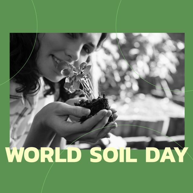 Square image of world soil day and caucasian woman holding plant in black and white. Soil day, taking care of earth and nature concept.