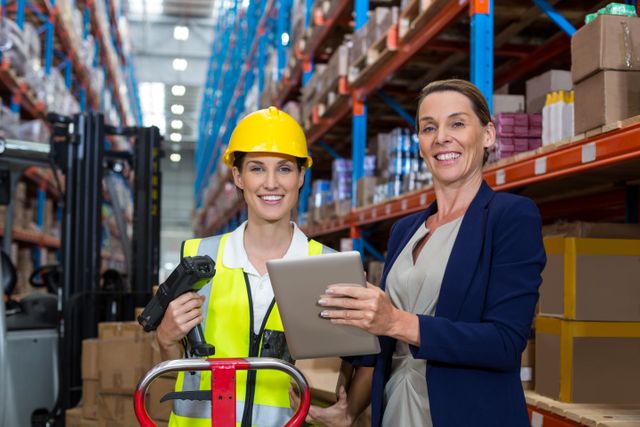 Warehouse manager and female worker smiling while holding digital tablet in warehouse