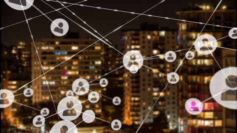 Digital Networking Overlay on Urban Skyline at Night