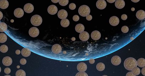 Global Economy with Euro Coins Falling Over Earth