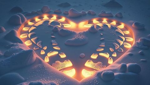 Glowing lovers heart shape in snow with ambient lighting