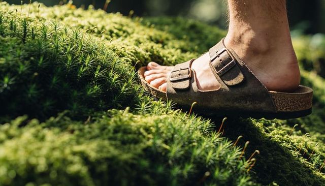 Barefoot sandal pressing into soft green moss on forest floor closeup outdoor texture
