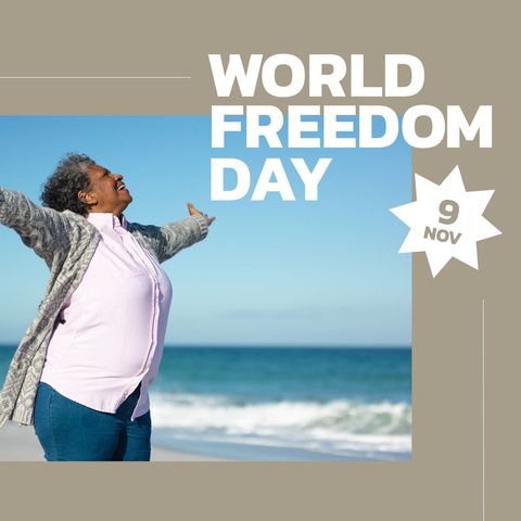 Joyful Senior Woman Celebrating World Freedom Day on Beach