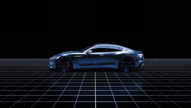 Futuristic Metallic Blue Coupe on Glowing Grid Floor