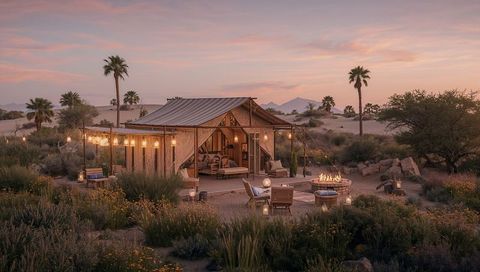 Desert Glamping Retreat at Dusk with Lantern-Lit Canvas Tent and Cozy Fire Pit