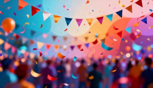 Vibrant festival canopy with colorful bunting and falling confetti over blurred crowd