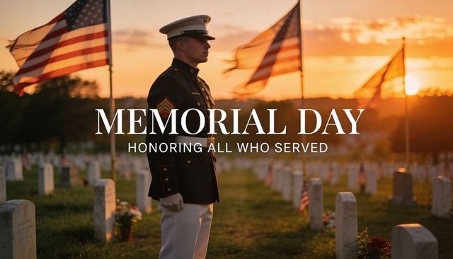 Memorial day salute: marine standing in cemetery at sunset with american flags and headstones