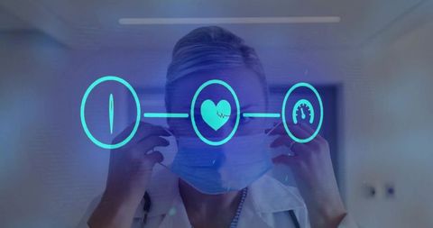 Healthcare worker adjusting surgical mask with digital health hud in clinic corridor