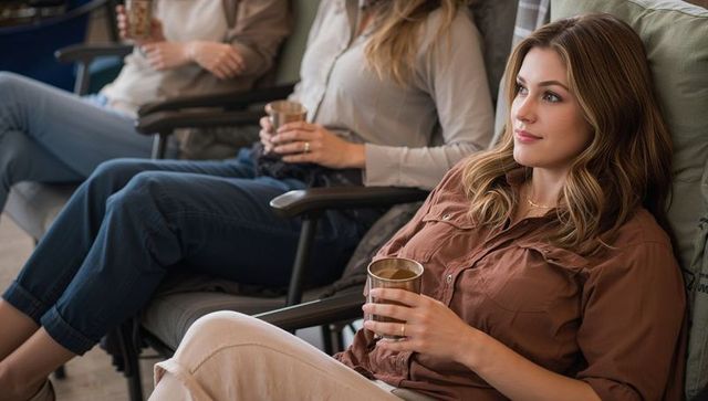 Relaxing women sipping metallic cups in lounge recliners, casual coffee break