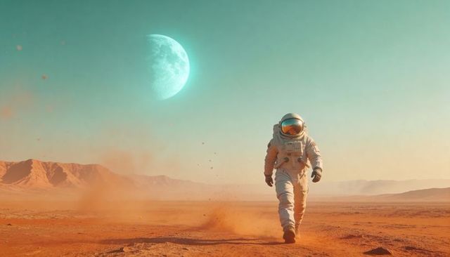 Astronaut Walking on Red Alien Plain Under Turquoise Moon, Futuristic Space Exploration