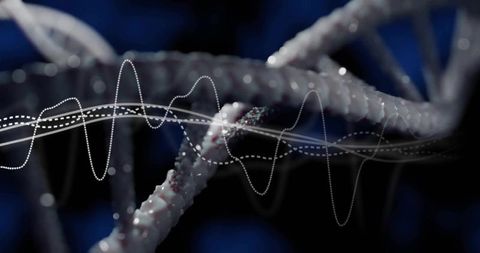 Textured dna double helix with waveform overlays and particle effects for genomics research