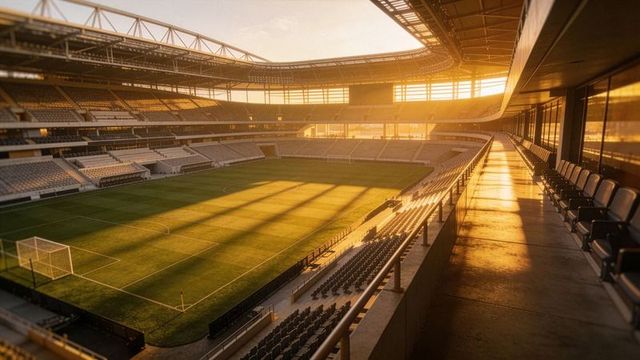 Golden hour modern soccer stadium basking in warm light with empty seats and pitch