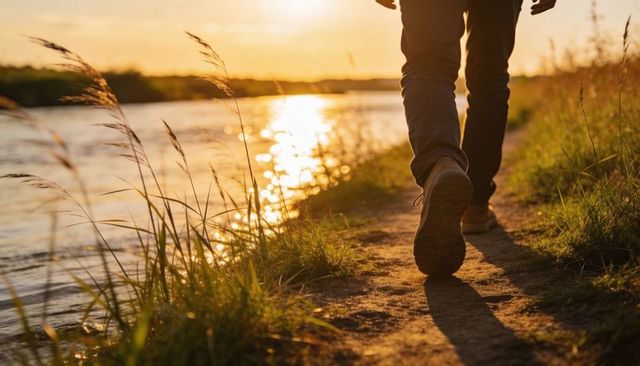 Walking along sunlit riverbank at golden hour lower body close-up on trail