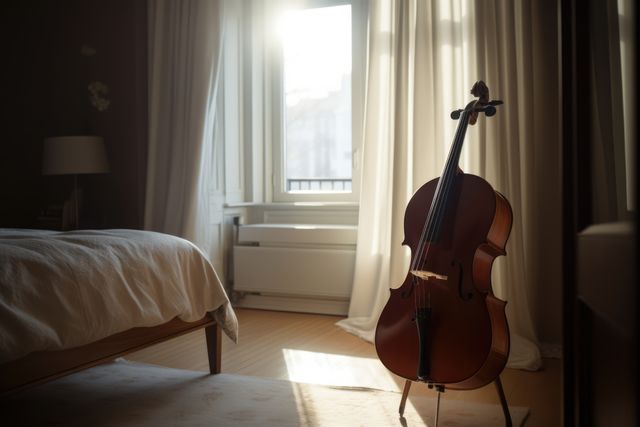 Sunlit bedroom featuring a cello against a window with soft drapes. Ideal for themes of music, peace, musical instruments, peacefulness, and cozy living spaces. Suitable for home decor ideas, relaxing atmosphere promotion, and artistic living.