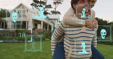 Happy Couple with Facial Recognition Overlay Embracing Technology