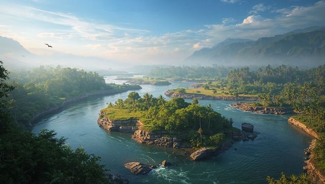 Sunlit palm-topped islet in winding tropical river with misty mountains at dawn