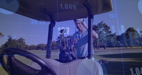 Golfer Preparing on Sunny Fairway with Golf Cart