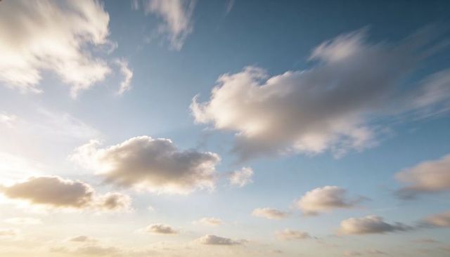Sunlit Cumulus Clouds Drifting Over Calm Horizon at Golden Hour, Serene Sky Panorama