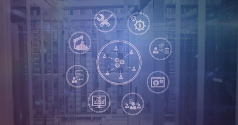 Digital Interface with Technology Icons in Server Room - Download Free Stock Images Pikwizard.com