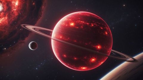 Red ringed gas giant with moons and nebula in outer space