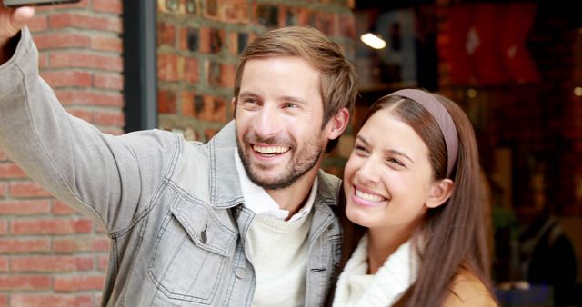 Happy Couple Taking Selfie Outdoor in Urban Setting - Download Free Stock Images Pikwizard.com