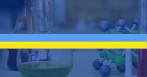 Blue Liquid in Lab Beaker with Molecular Model in Background