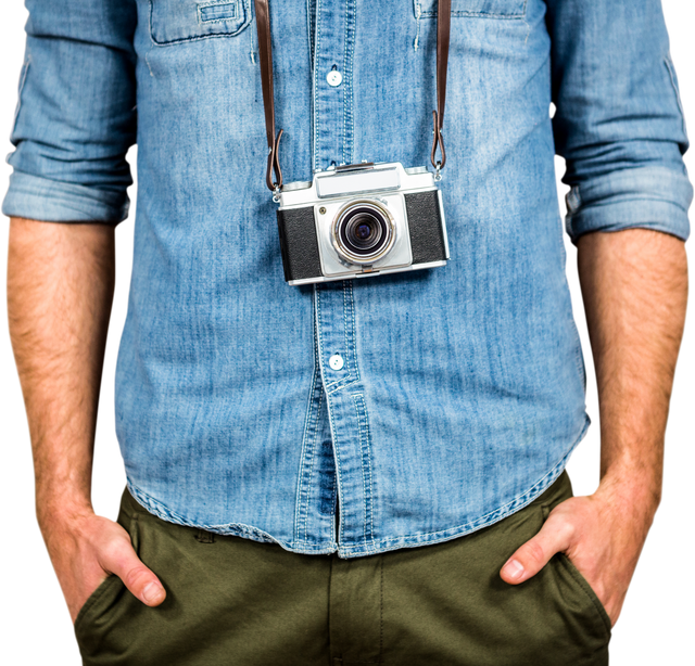 Close-Up of Hipster Man Wearing Denim Shirt with Transparent Camera - Download Free Stock Videos Pikwizard.com