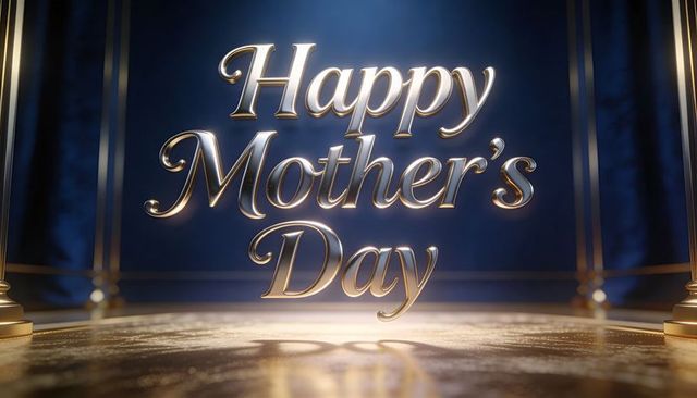 Gold 3d happy mother's day letters on navy stage with spotlight reflections