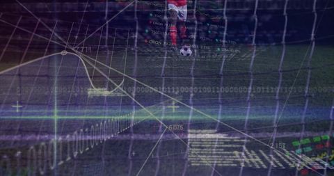 Soccer player with digital data overlays approaching goal net