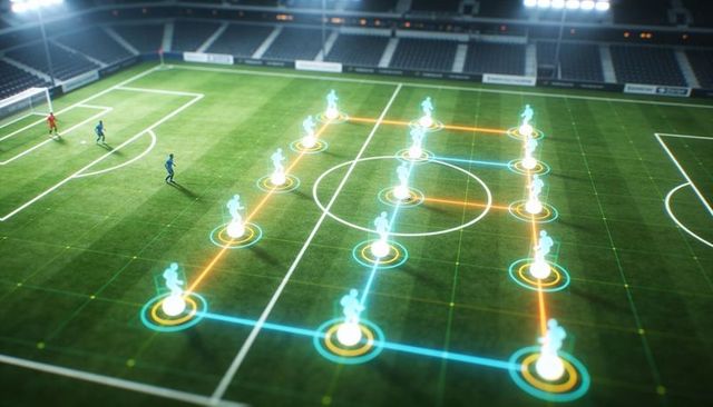 Holographic soccer tactics overlay showing player formation and ai field analysis under lights