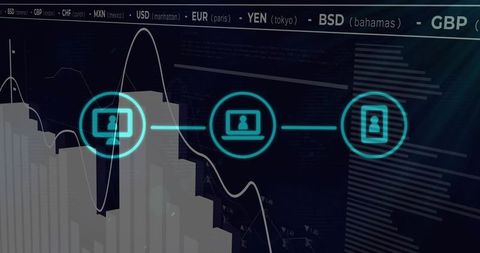 Neon network icons connecting devices on financial dashboard with data visualization