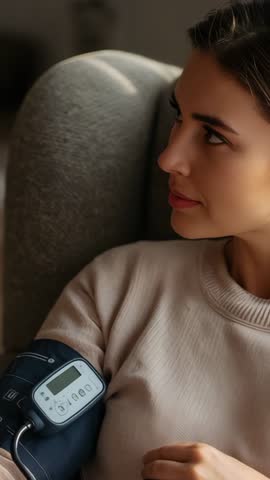 Woman monitoring blood pressure at home with automatic cuff, adjusting and watching display