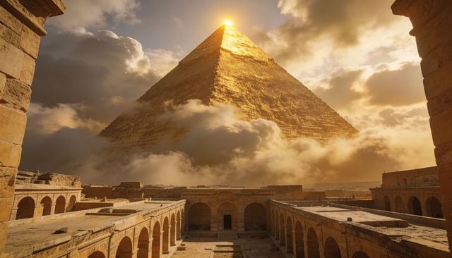 Majestic golden sunlit pyramid emerging from mist above ancient sandstone courtyard arches