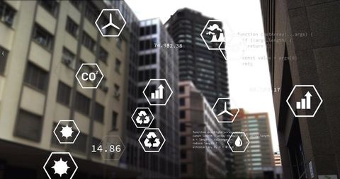 Augmented reality data overlay hovering over urban canyon displaying co2, emissions and air quality