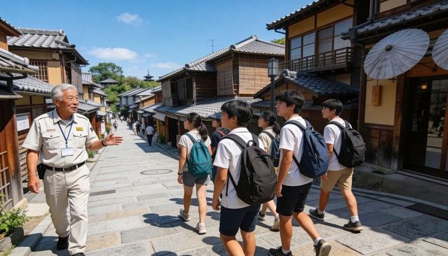 Elderly guide leading school group through historic japanese machiya street on sunny day