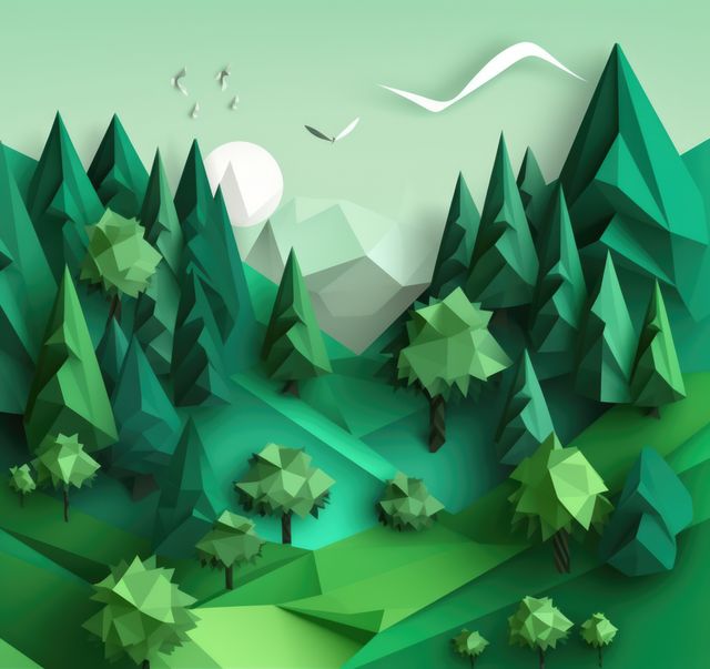 Origami landscape with trees, birds and sun, created using generative ai technology. Orgiami art, scenery, nature and pattern concept digitally generated image.