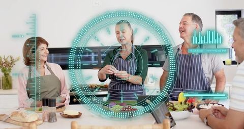 Mature adults cooking together at modern kitchen island with futuristic hud overlay
