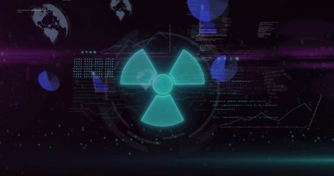 Pulsing neon radiation trefoil hud with radar, data charts and global visualization
