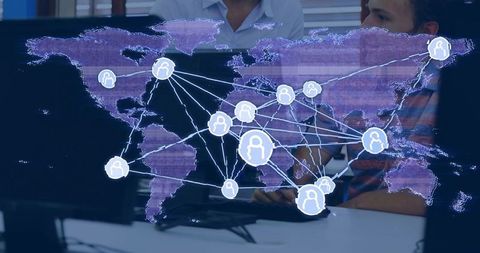 IT Team Collaborating Over Global Network Visualization Showing Digital Connections
