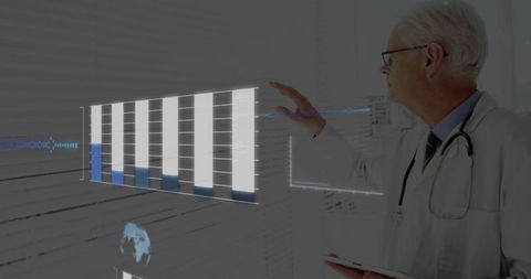 Doctor analyzing holographic data charts in modern lab