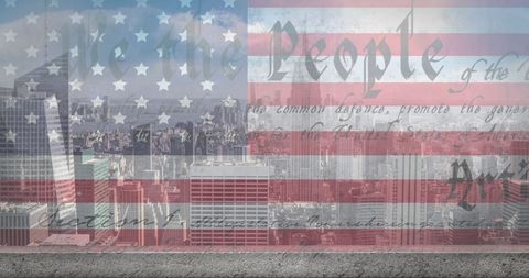 American Flag and Constitution Overlay on Modern Cityscape
