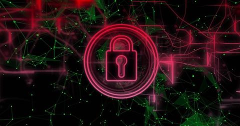 Neon cyber padlock over network mesh representing data security and encryption
