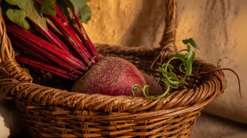 Organic Red Beetroot in Wicker Basket on Rustic Ledge
