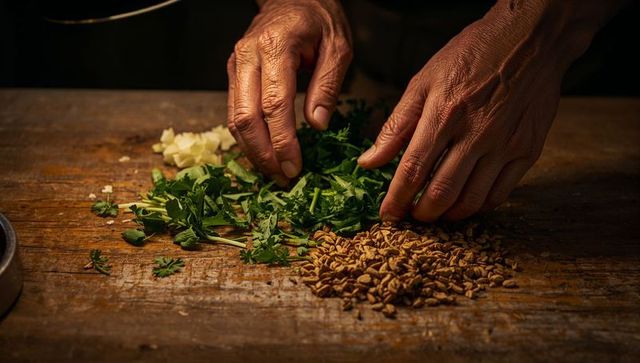 Hands gathering fresh herbs and seeds on rustic wooden board for cooking
