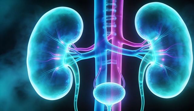 Neon translucent urinary system illustration displaying kidneys, vessels, ureters, bladder