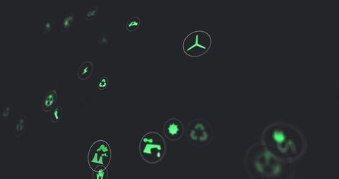 Floating green environmental icons in futuristic digital space